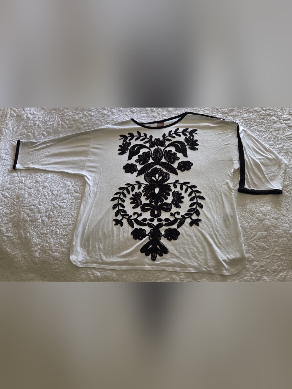 Chico's White Tunic with Black Floral Embroidery and Trim